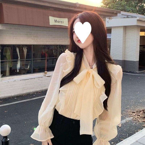Bow-tie Chiffon Blouse Womens Ruffled Base Shirt Orazek UK Ltd