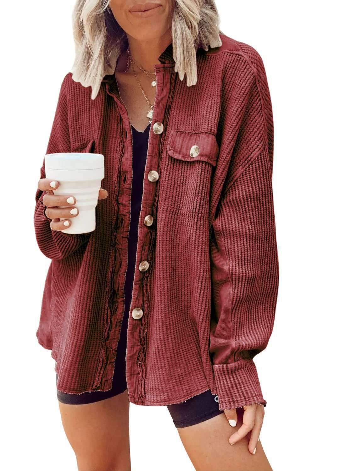 Button Shirt Jacket Women Lapel Long Sleeve Blouse Fashion Jacket Tops | Orazek UK Ltd