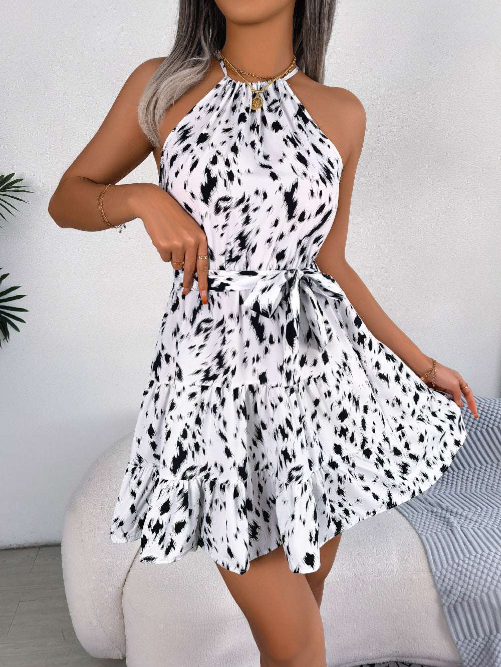 Casual Leopard Print Ruffled Swing Dress Summer Fashion Beach Dresses Women | Orazek UK Ltd