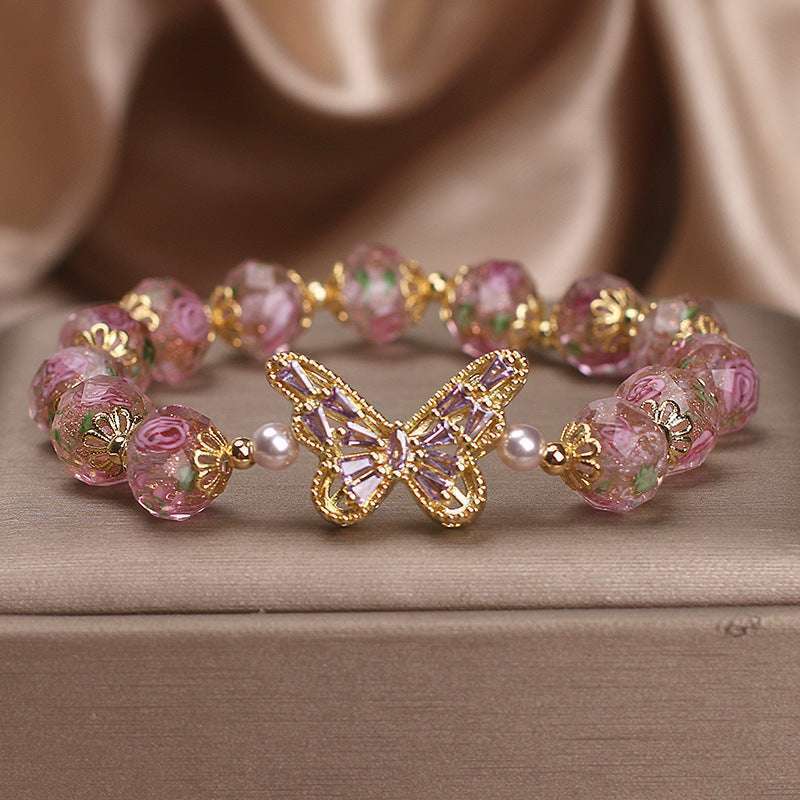Cherry Blossom Glaze Hollow Zircon Butterfly Bracelet | Orazek UK Ltd