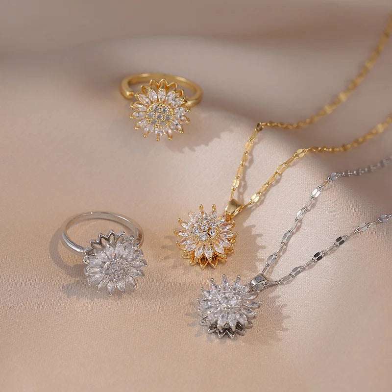 Classic Charm Sunflower Flower Stainless Steel Necklace Earrings Fashion Exquisite Micro Seed Jewelry Ring | Orazek UK Ltd
