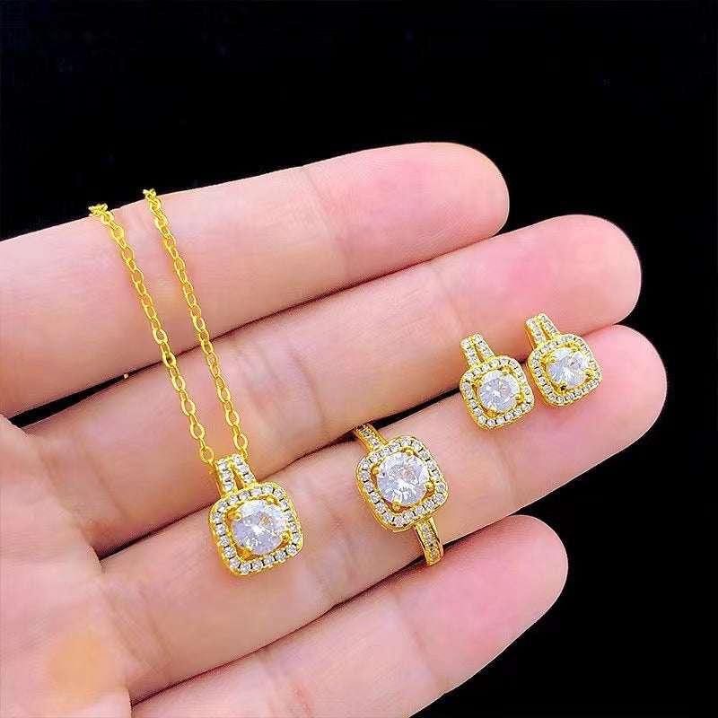 Cubic Zirconia Gem Pendant Chain Choker Necklace set For Women Gold Color Stud Earring Statement Wedding Ring Fashion Jewelry Set | Orazek UK Ltd