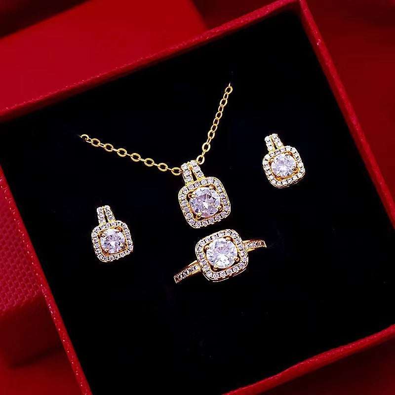 Cubic Zirconia Gem Pendant Chain Choker Necklace set For Women Gold Color Stud Earring Statement Wedding Ring Fashion Jewelry Set | Orazek UK Ltd