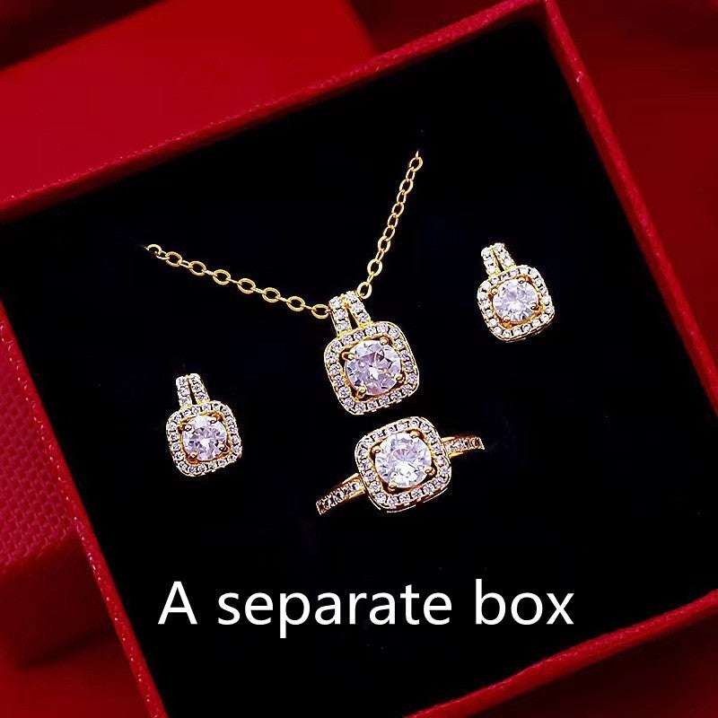 Cubic Zirconia Gem Pendant Chain Choker Necklace set For Women Gold Color Stud Earring Statement Wedding Ring Fashion Jewelry Set | Orazek UK Ltd
