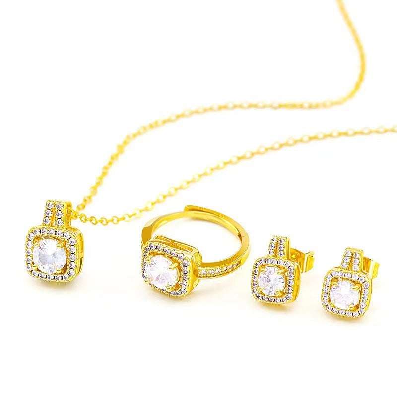 Cubic Zirconia Gem Pendant Chain Choker Necklace set For Women Gold Color Stud Earring Statement Wedding Ring Fashion Jewelry Set | Orazek UK Ltd