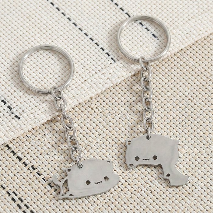 Cute Dudu Bubu Hug Cat Couple Keychain Set Stainless Steel Double Cat Charms Round Key Ring & Heart Lobster Clasp Sweet Matching Pair Gift For Lovers | Orazek UK Ltd
