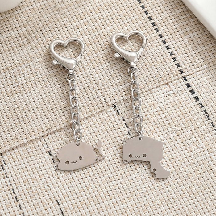 Cute Dudu Bubu Hug Cat Couple Keychain Set Stainless Steel Double Cat Charms Round Key Ring & Heart Lobster Clasp Sweet Matching Pair Gift For Lovers | Orazek UK Ltd