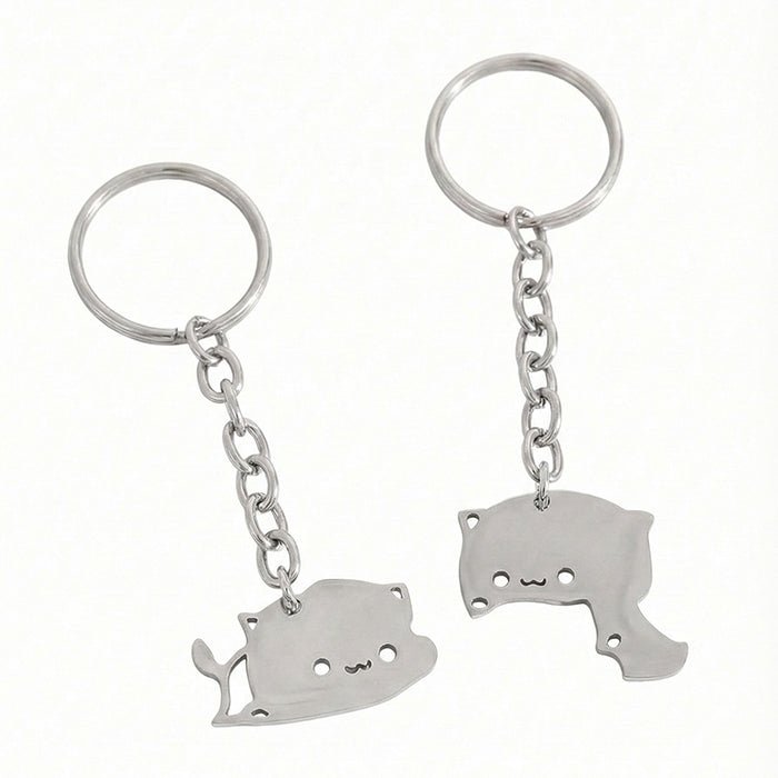 Cute Dudu Bubu Hug Cat Couple Keychain Set Stainless Steel Double Cat Charms Round Key Ring & Heart Lobster Clasp Sweet Matching Pair Gift For Lovers | Orazek UK Ltd