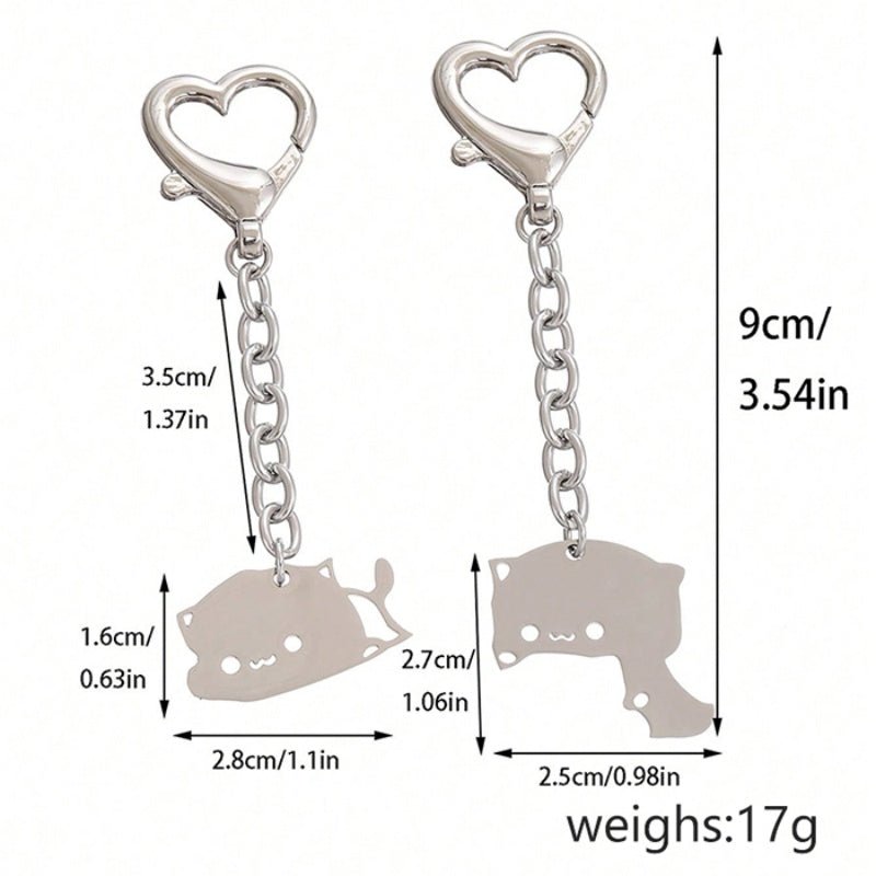 Cute Dudu Bubu Hug Cat Couple Keychain Set Stainless Steel Double Cat Charms Round Key Ring & Heart Lobster Clasp Sweet Matching Pair Gift For Lovers | Orazek UK Ltd