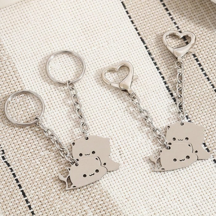 Cute Dudu Bubu Hug Cat Couple Keychain Set Stainless Steel Double Cat Charms Round Key Ring & Heart Lobster Clasp Sweet Matching Pair Gift For Lovers | Orazek UK Ltd