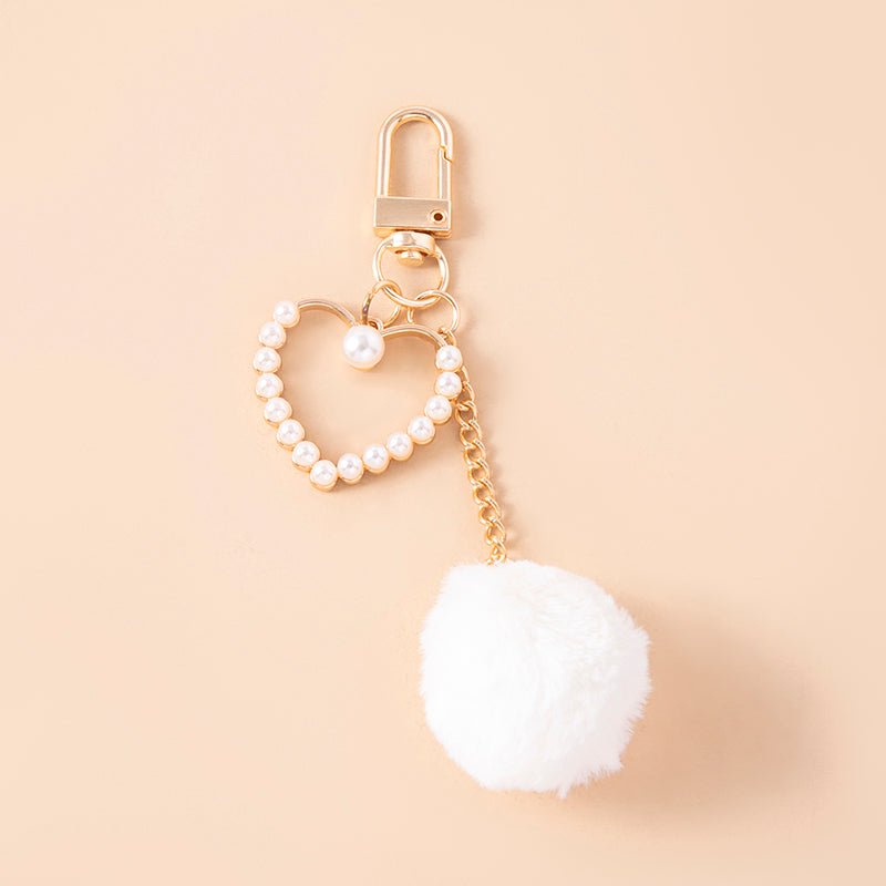 Cute White Plush Ball Keychain Fashion Pompoms Pearls Heart Charms Key Chain | Orazek UK Ltd