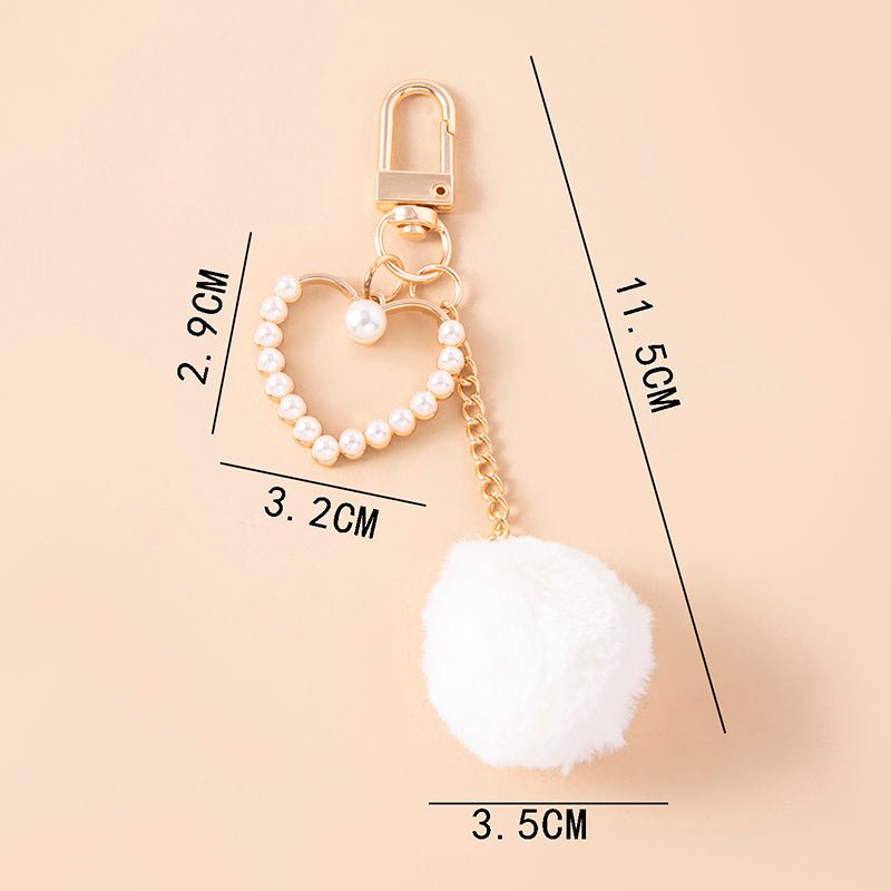 Cute White Plush Ball Keychain Fashion Pompoms Pearls Heart Charms Key Chain | Orazek UK Ltd