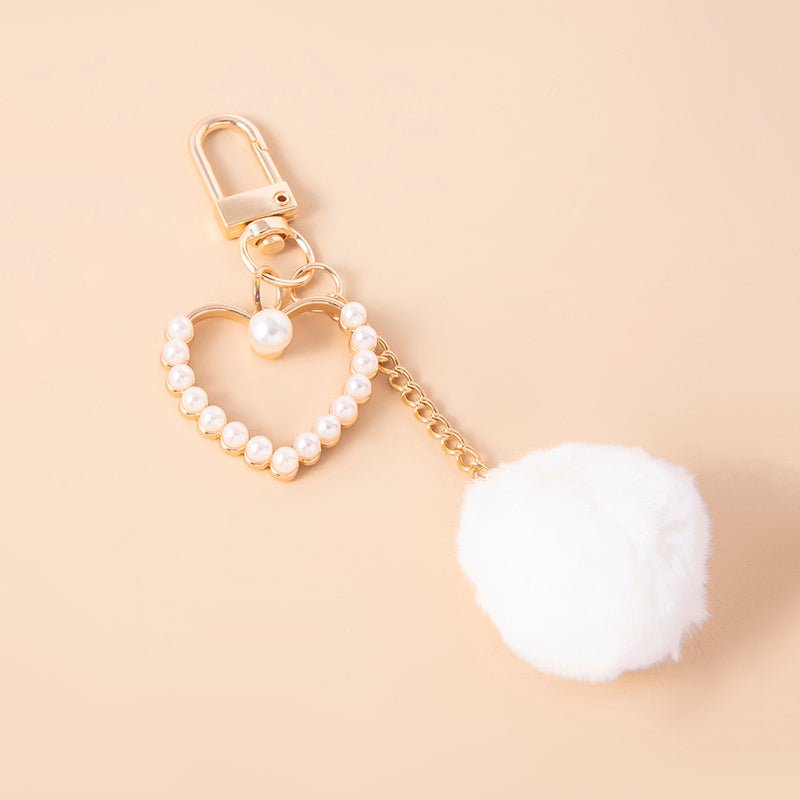 Cute White Plush Ball Keychain Fashion Pompoms Pearls Heart Charms Key Chain | Orazek UK Ltd
