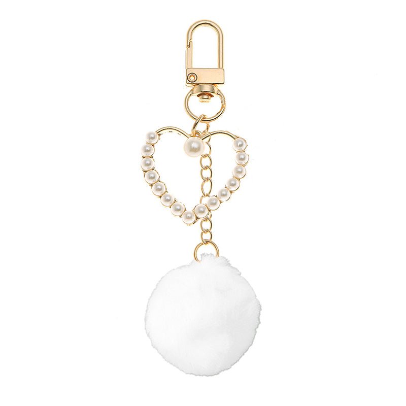 Cute White Plush Ball Keychain Fashion Pompoms Pearls Heart Charms Key Chain | Orazek UK Ltd