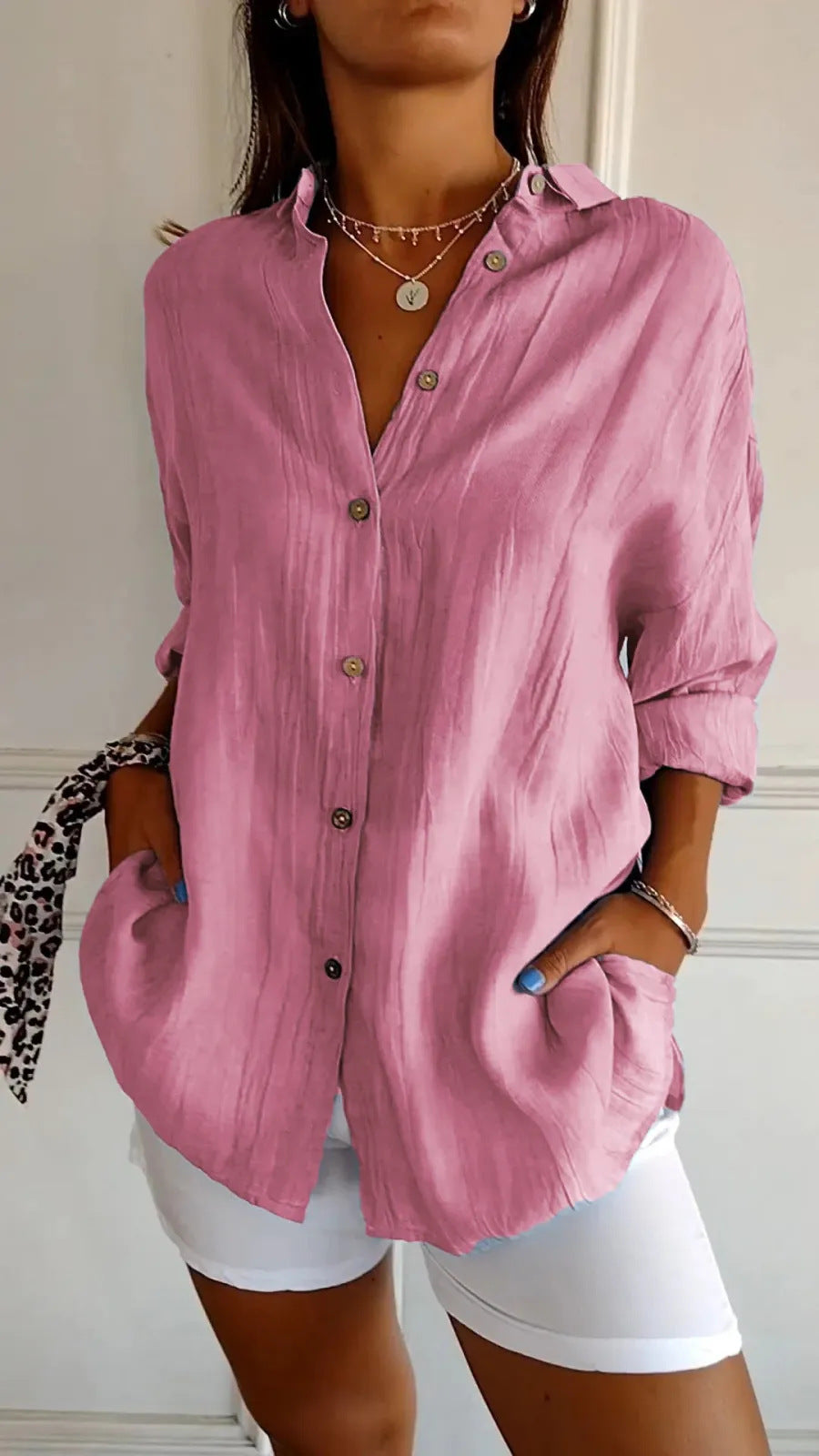 Women's Single-breasted Pleated Blouse Lapel Long Sleeve Shirt