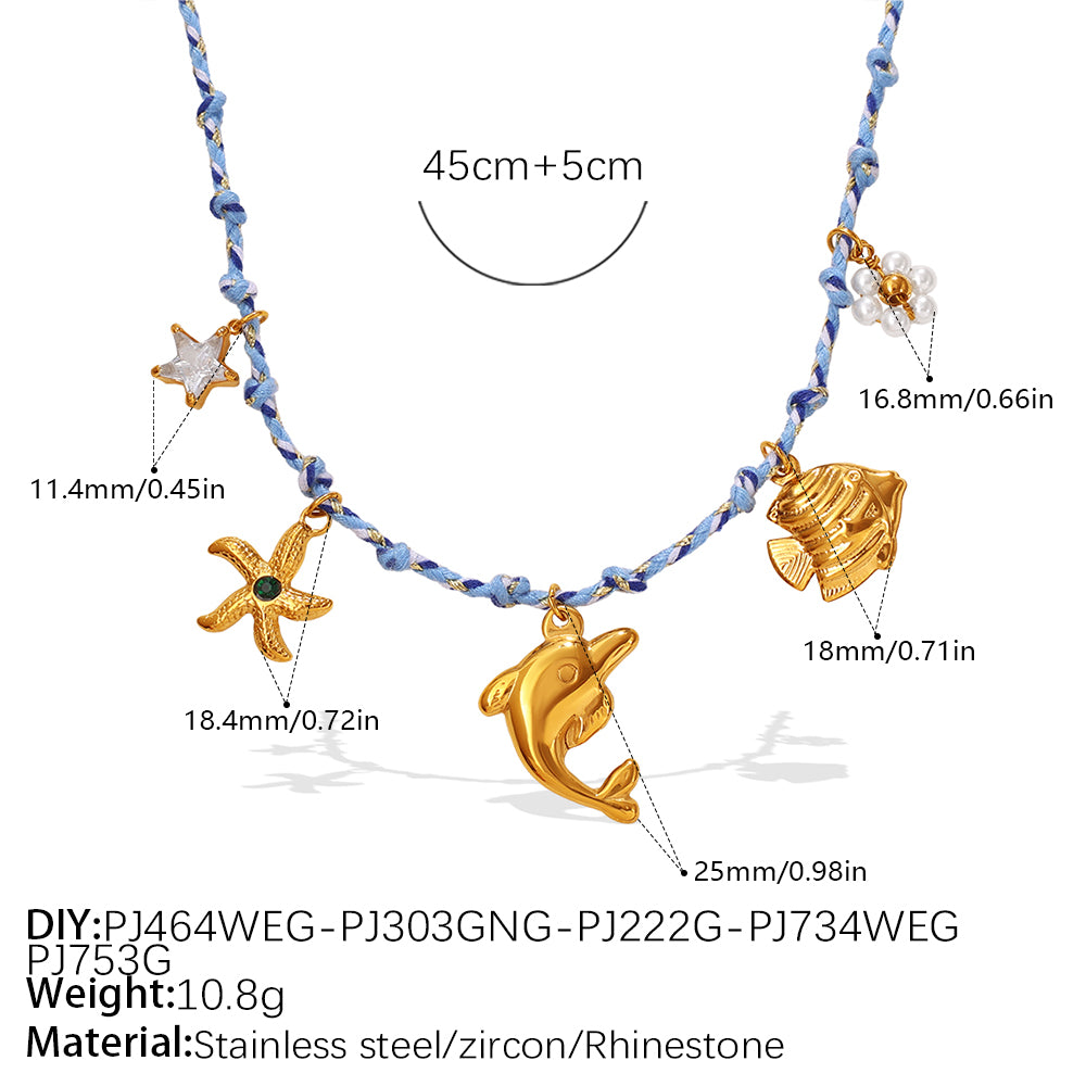 Blue Rope Braided Ocean-themed Pendant Set, Featuring Starfish, Dolphins, And Sea Turtles, Multi-dangling Necklace And Bracelet.