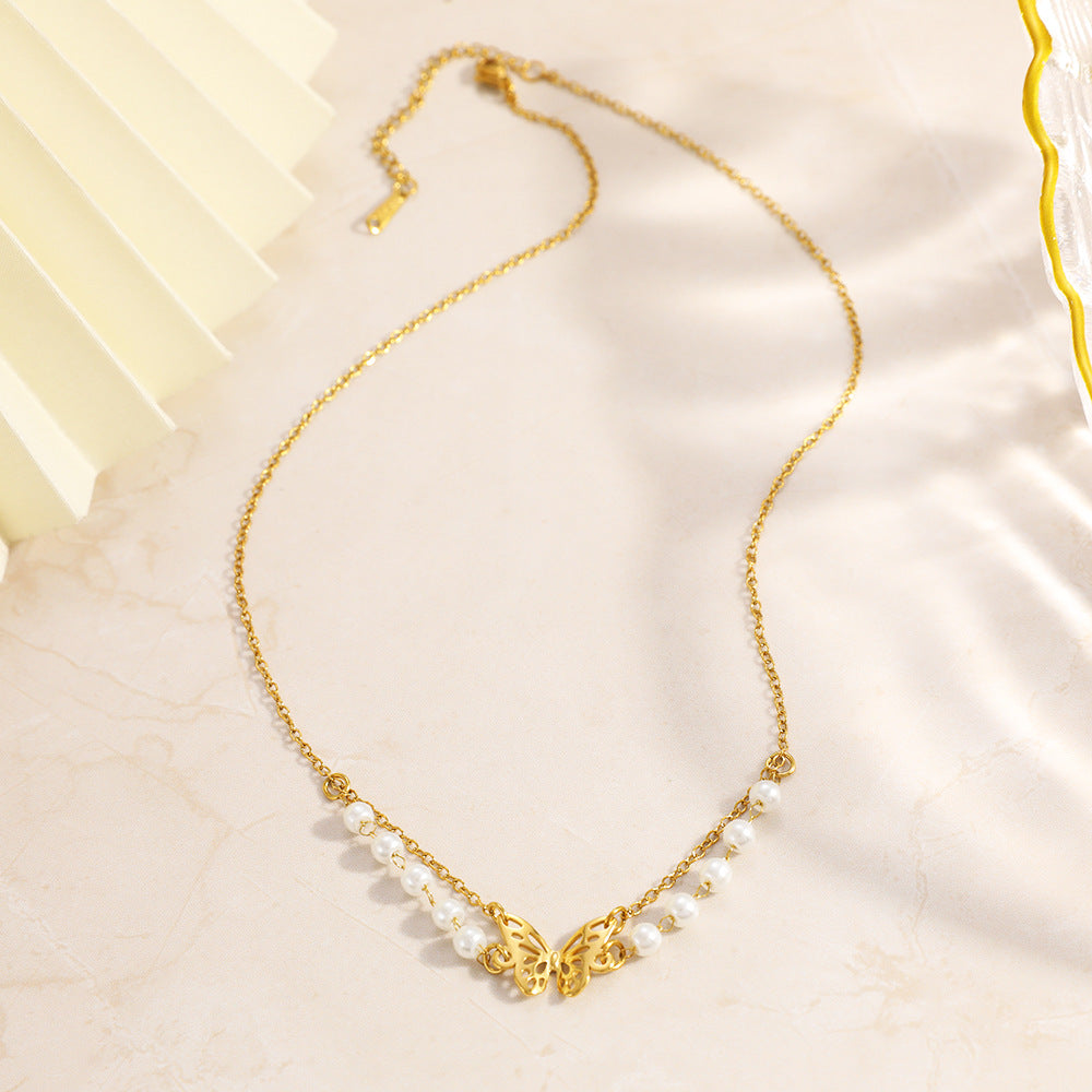 Stainless Steel Necklace With Butterfly And Pearl Wings Layered Light Luxury Style