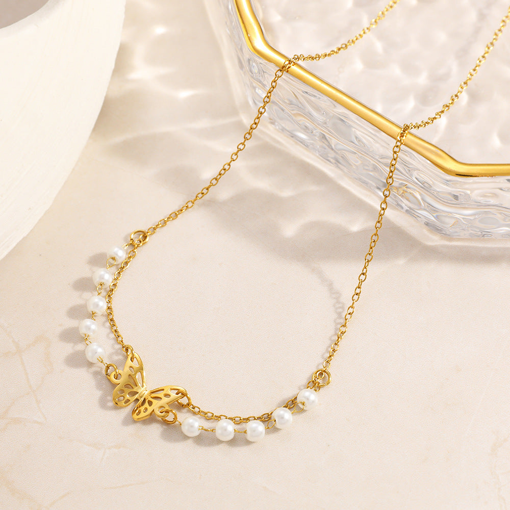 Stainless Steel Necklace With Butterfly And Pearl Wings Layered Light Luxury Style