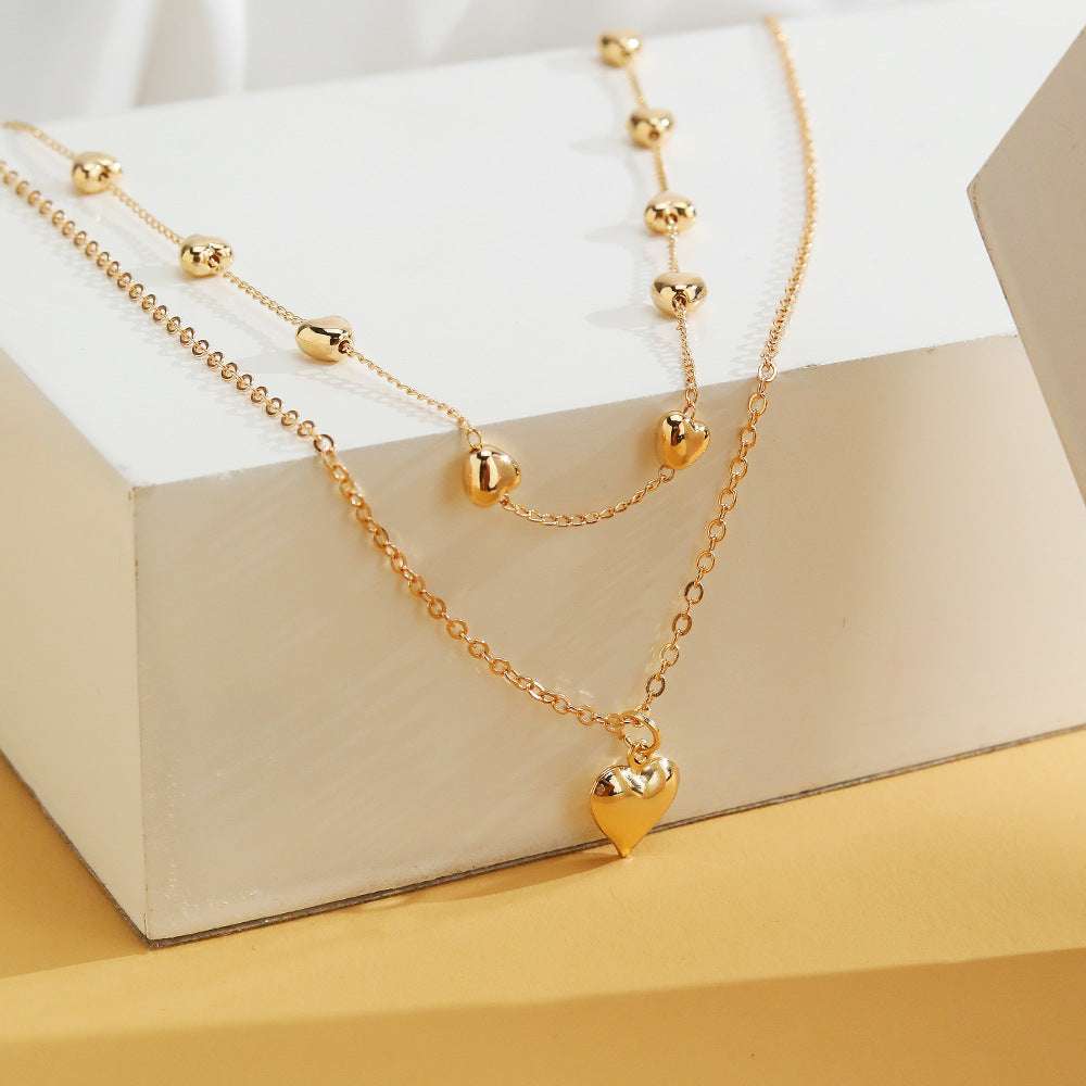 Double-layer Chain with Heart Pendant Multilayered Gold Color Metal Necklaces Fashionable Accessories | Orazek UK Ltd