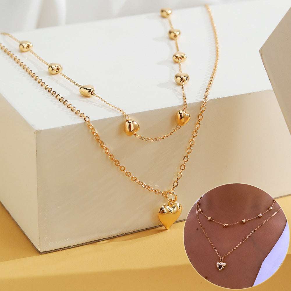 Double-layer Chain with Heart Pendant Multilayered Gold Color Metal Necklaces Fashionable Accessories | Orazek UK Ltd