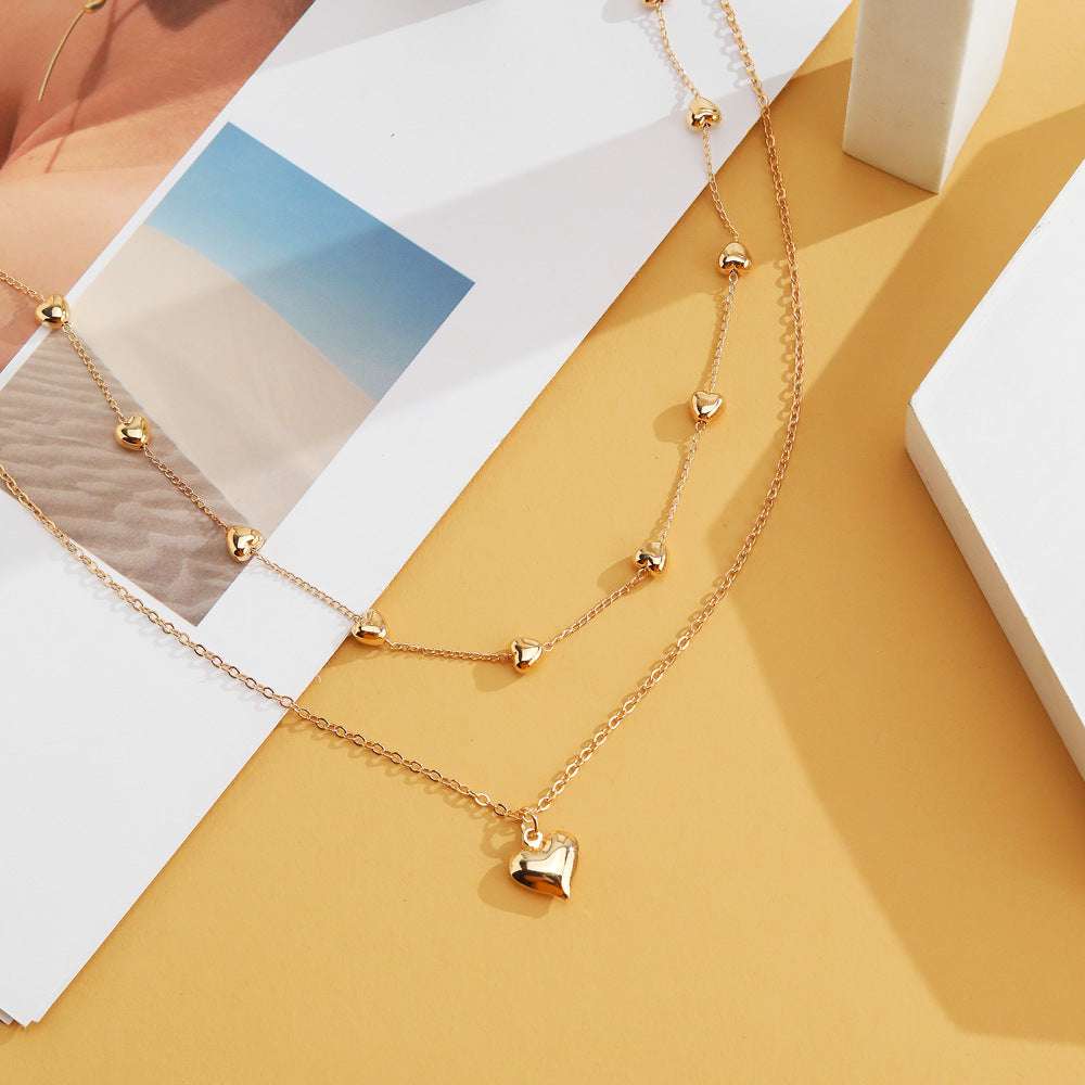 Double-layer Chain with Heart Pendant Multilayered Gold Color Metal Necklaces Fashionable Accessories | Orazek UK Ltd