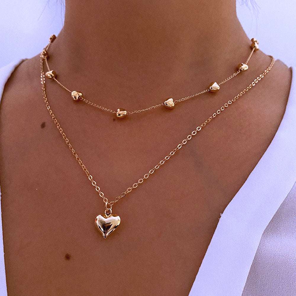 Double-layer Chain with Heart Pendant Multilayered Gold Color Metal Necklaces Fashionable Accessories | Orazek UK Ltd