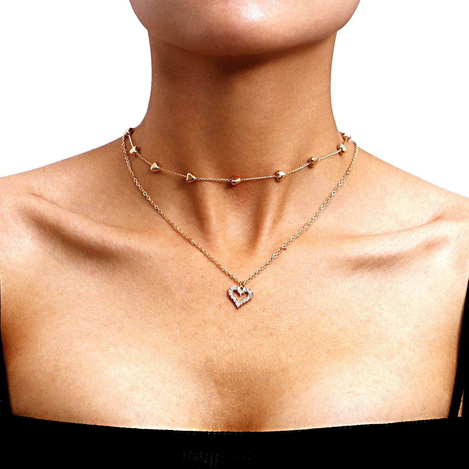 Double-layer Chain with Heart Pendant Multilayered Gold Color Metal Necklaces Fashionable Accessories | Orazek UK Ltd