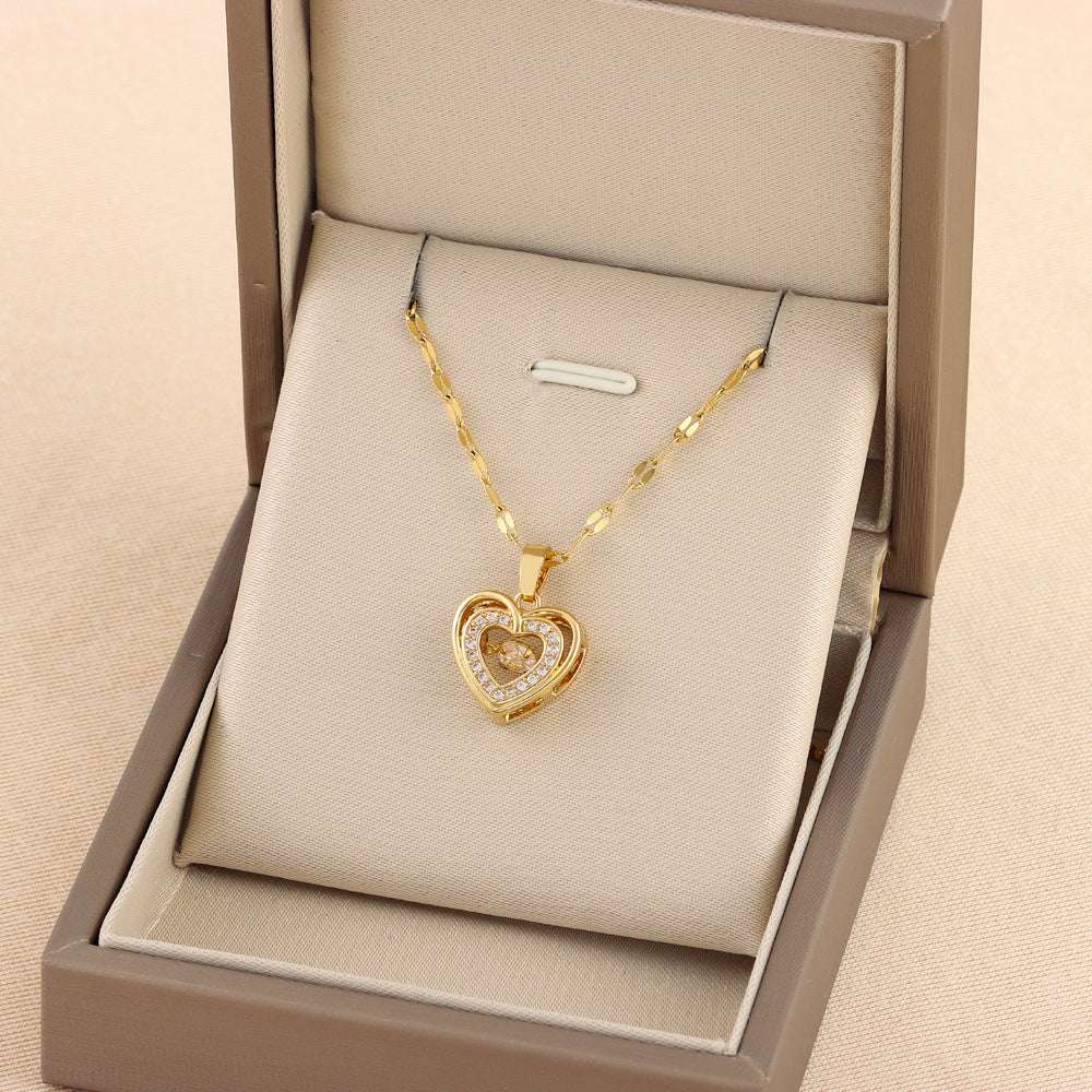 Double-layer Love Necklace With Rhinestones Titanium Steel Pendant Fashion Jewelry Woman Valentines Day Gift | Orazek UK Ltd