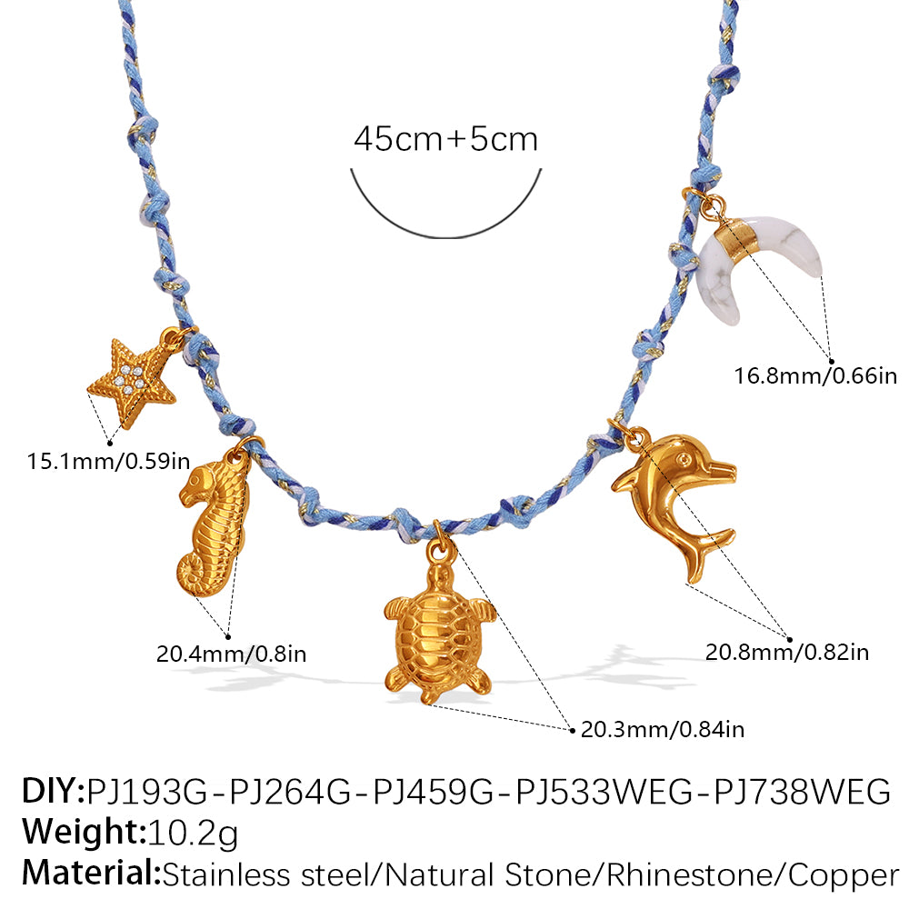 Blue Rope Braided Ocean-themed Pendant Set, Featuring Starfish, Dolphins, And Sea Turtles, Multi-dangling Necklace And Bracelet.