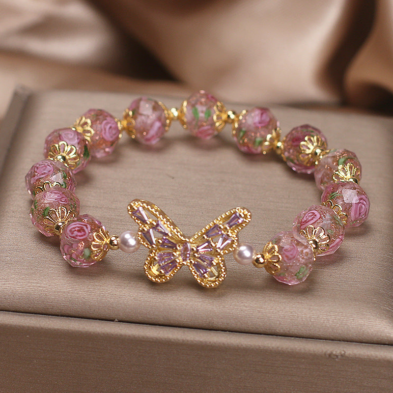 Cherry Blossom Glaze Hollow Zircon Butterfly Bracelet
