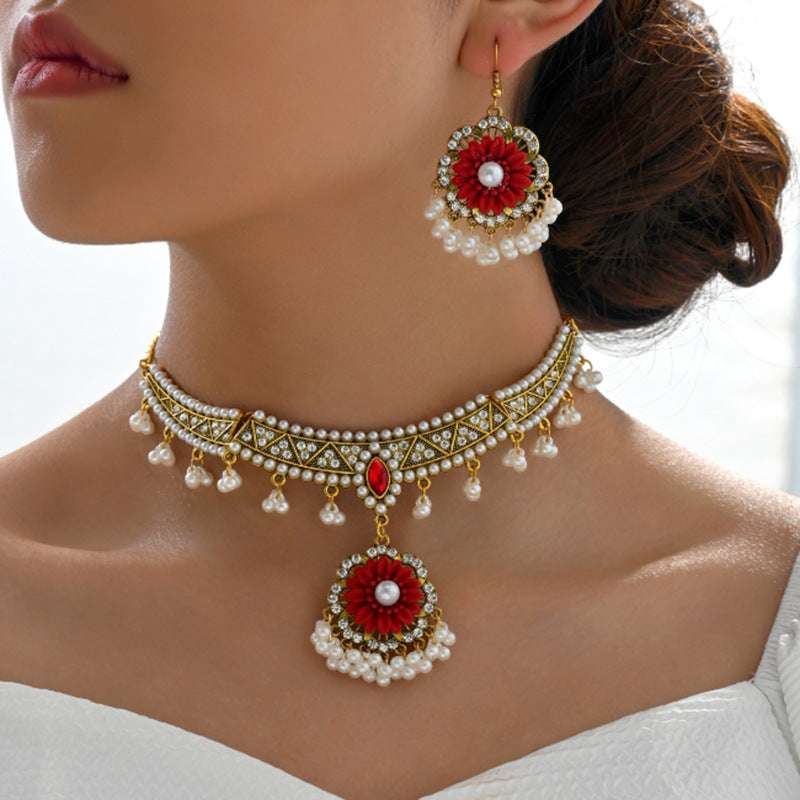 Ethnic-style Pearl Flower Necklace And Earrings Set | Orazek UK Ltd