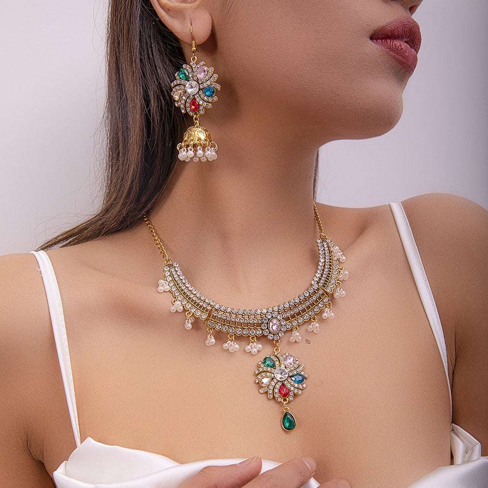 Ethnic-style Pearl Flower Necklace And Earrings Set | Orazek UK Ltd