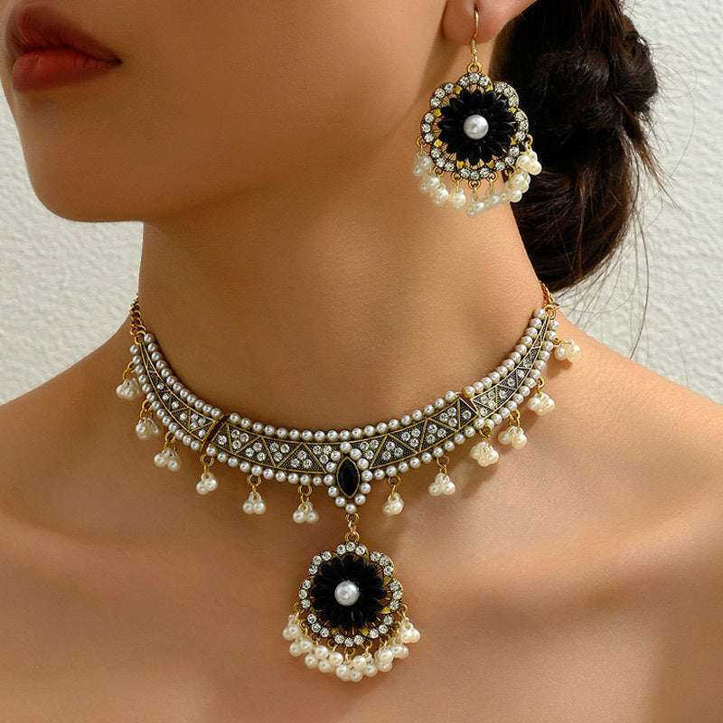 Ethnic-style Pearl Flower Necklace And Earrings Set | Orazek UK Ltd