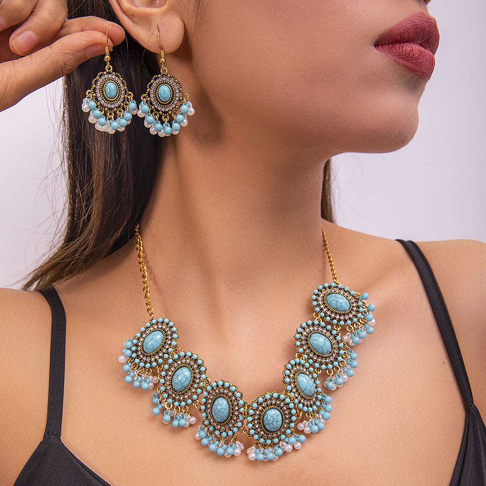Ethnic-style Pearl Flower Necklace And Earrings Set | Orazek UK Ltd