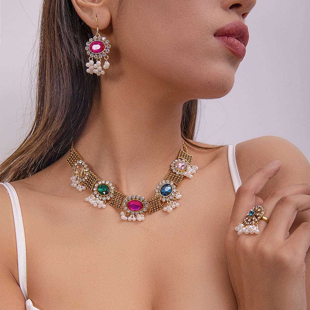 Ethnic-style Pearl Flower Necklace And Earrings Set | Orazek UK Ltd