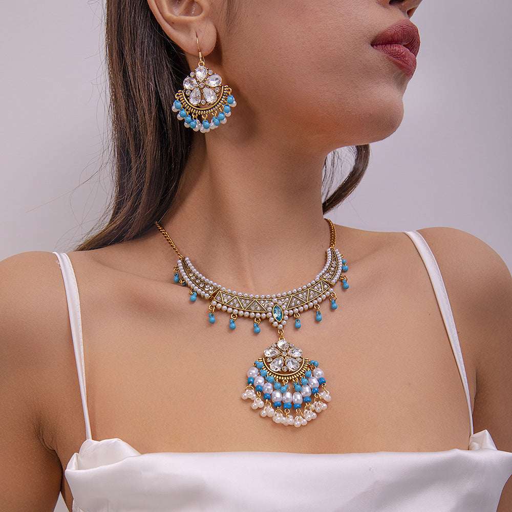 Ethnic-style Pearl Flower Necklace And Earrings Set | Orazek UK Ltd