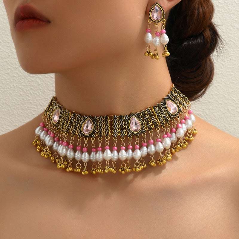 Ethnic-style Pearl Flower Necklace And Earrings Set | Orazek UK Ltd