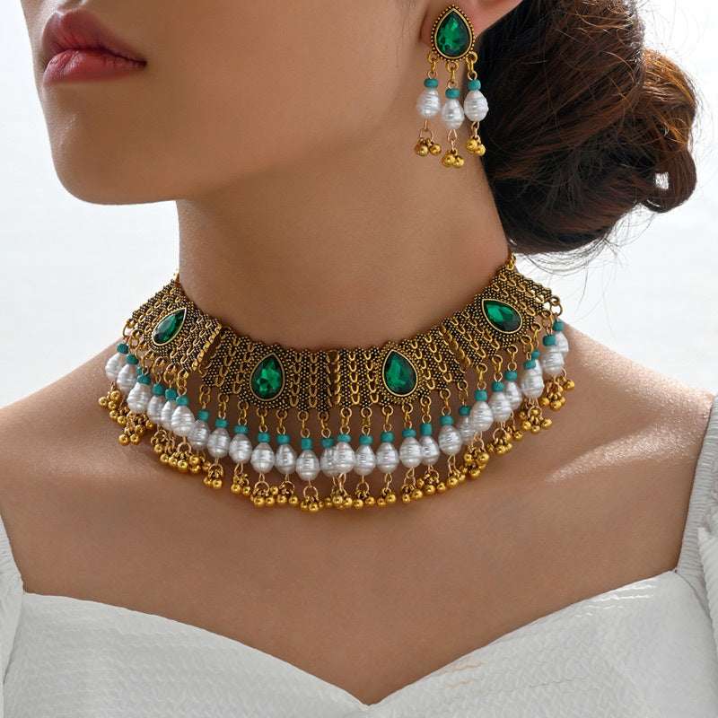 Ethnic-style Pearl Flower Necklace And Earrings Set | Orazek UK Ltd