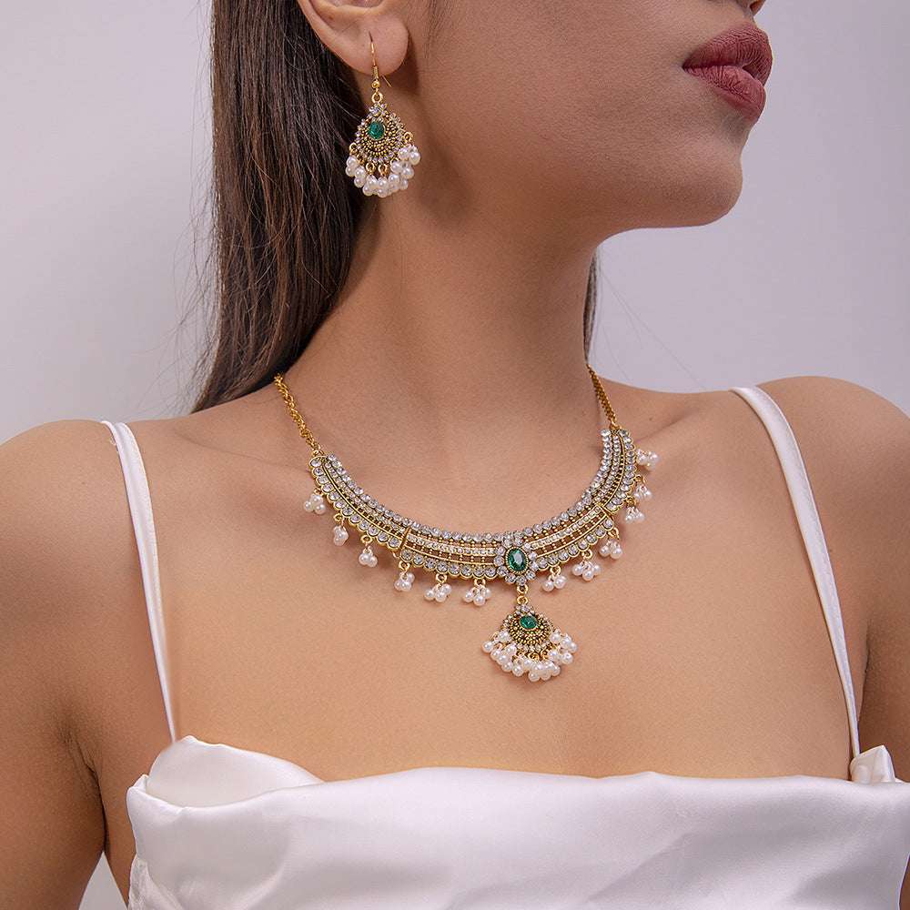 Ethnic-style Pearl Flower Necklace And Earrings Set | Orazek UK Ltd