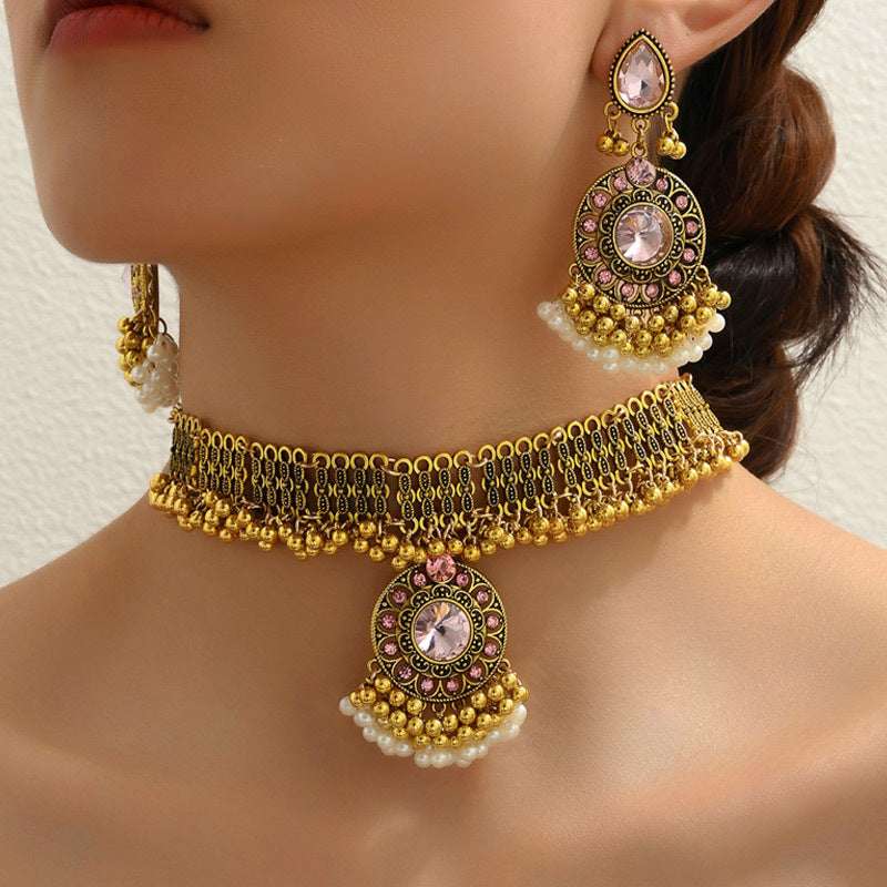 Ethnic-style Pearl Flower Necklace And Earrings Set | Orazek UK Ltd
