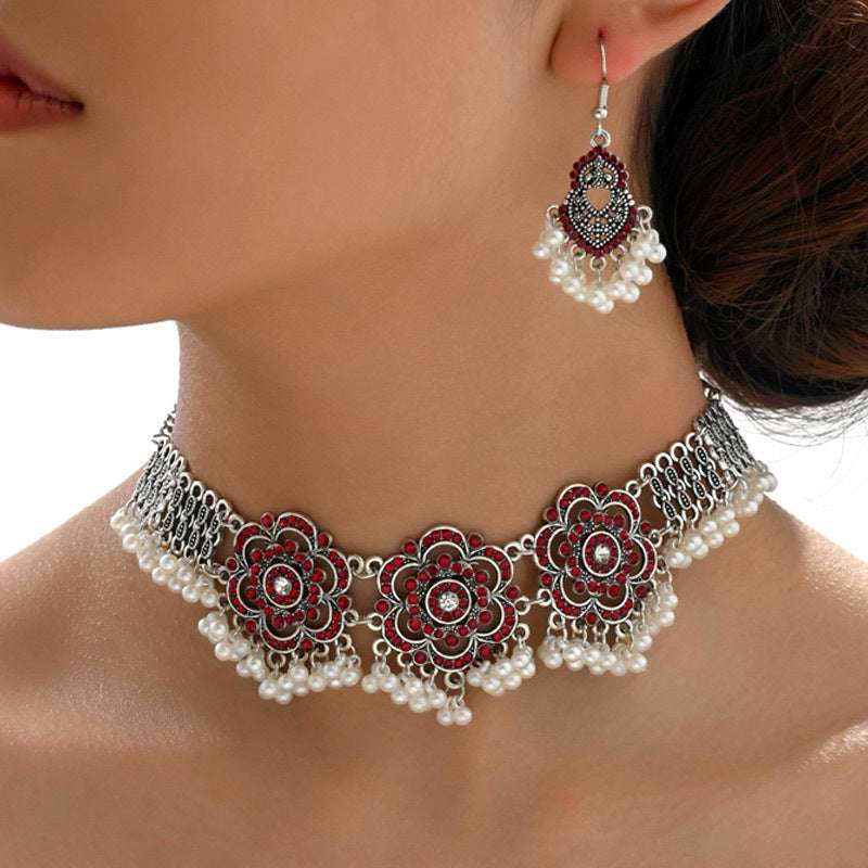 Ethnic-style Pearl Flower Necklace And Earrings Set | Orazek UK Ltd