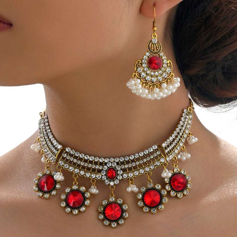 Ethnic-style Pearl Flower Necklace And Earrings Set | Orazek UK Ltd