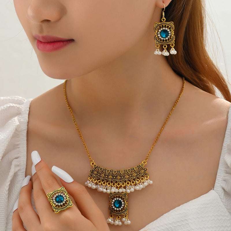 Ethnic-style Pearl Flower Necklace And Earrings Set | Orazek UK Ltd