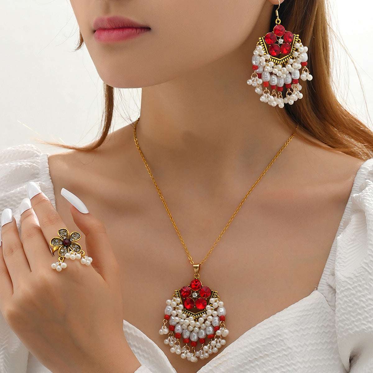 Ethnic-style Pearl Flower Necklace And Earrings Set | Orazek UK Ltd
