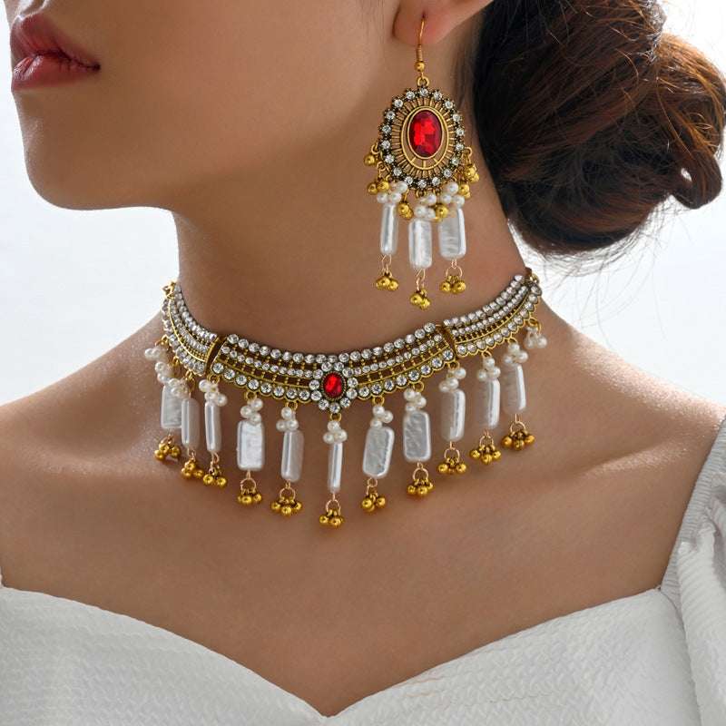 Ethnic-style Pearl Flower Necklace And Earrings Set | Orazek UK Ltd