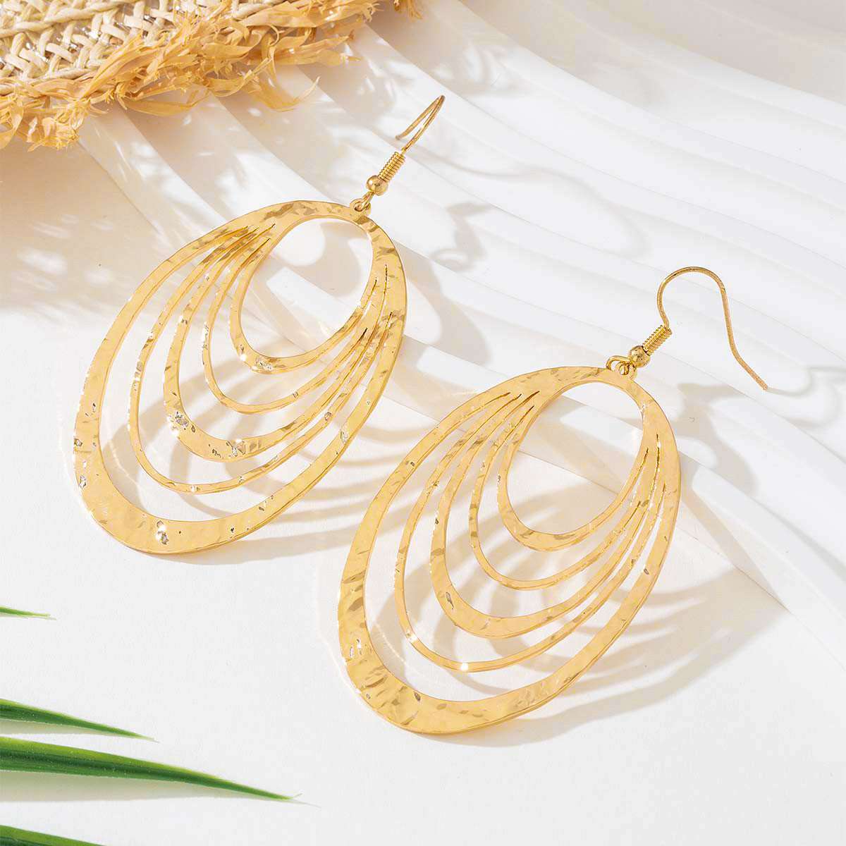 European And American Fashion Elegant 3 Layer Hollow Oval Shaped Big Gold-color Stainless Steel Dangle Drop Earrings | Orazek UK Ltd