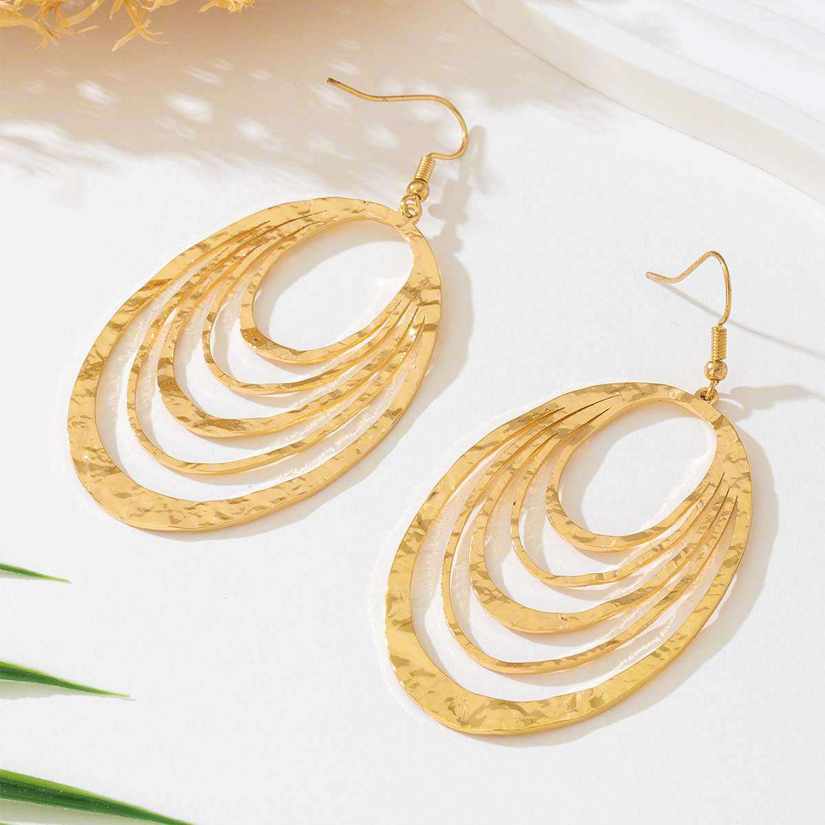 European And American Fashion Elegant 3 Layer Hollow Oval Shaped Big Gold-color Stainless Steel Dangle Drop Earrings | Orazek UK Ltd
