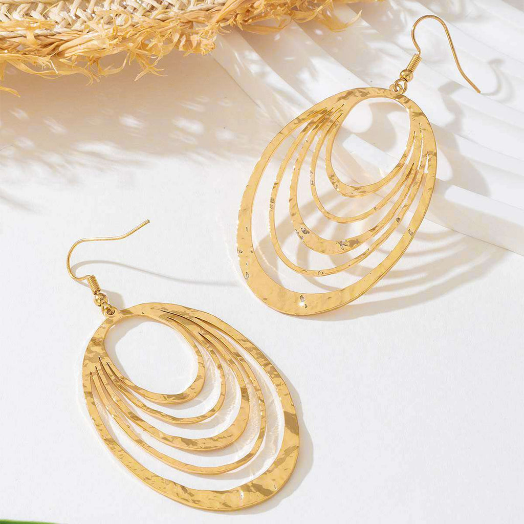 European And American Fashion Elegant 3 Layer Hollow Oval Shaped Big Gold-color Stainless Steel Dangle Drop Earrings | Orazek UK Ltd