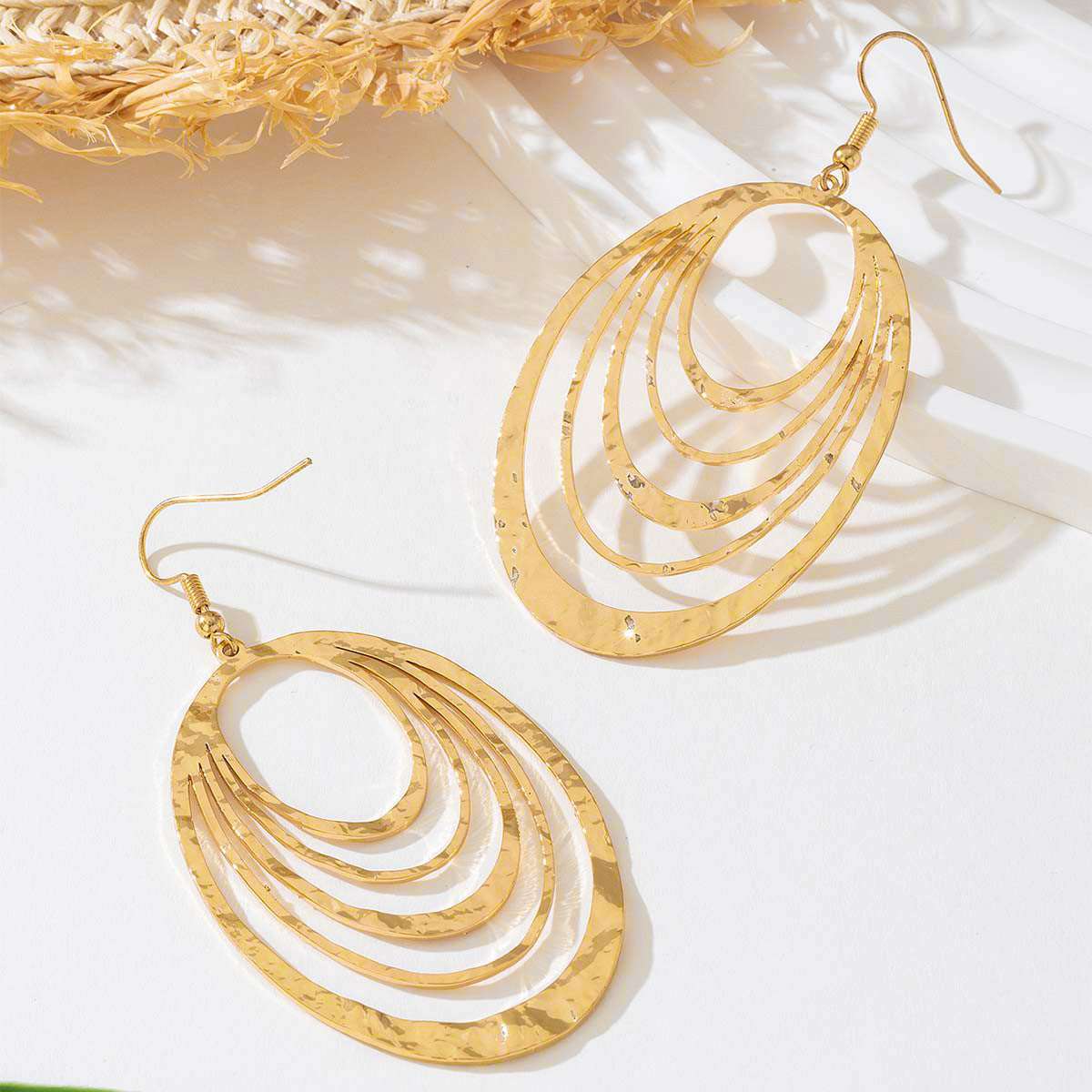 European And American Fashion Elegant 3 Layer Hollow Oval Shaped Big Gold-color Stainless Steel Dangle Drop Earrings | Orazek UK Ltd
