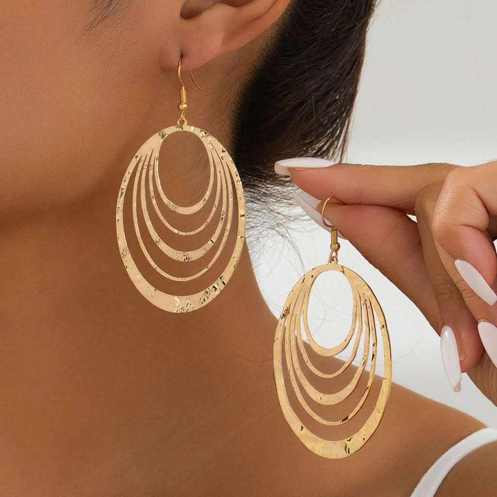 European And American Fashion Elegant 3 Layer Hollow Oval Shaped Big Gold-color Stainless Steel Dangle Drop Earrings | Orazek UK Ltd
